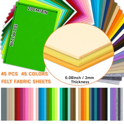 45 PCS Felt Fabric Sheets 8 x 12 Inch 2mm Craft Felt Sheets - size: 8x12in