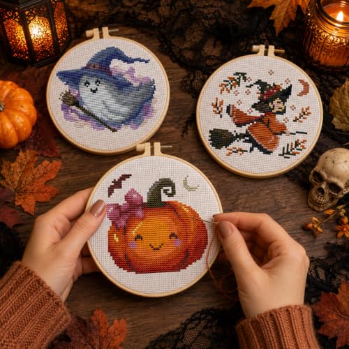 3 Pack Halloween Stamped Cross Stitch Kits for Beginners,with Hoop 6x6in - color: Witch Ghost Pumpkin