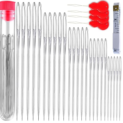 55 PCS Large Eye Sewing Needles, 5 Sizes Hand Sewing Needles, Including Embroidery - 50PCs with 4 Pcs Needle Threader and 1 Measuring Tape - color: 55 pack