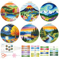 BEUNITONE 6 Pack Hand Embroidery Starter Kit for Adults with Pre-Print Scenery Pattern, Needlepoint Kits with Embroidery Hoop and Instructions, DIY Funny Craft Kits for Gifts and Home Decor - style: Scenery