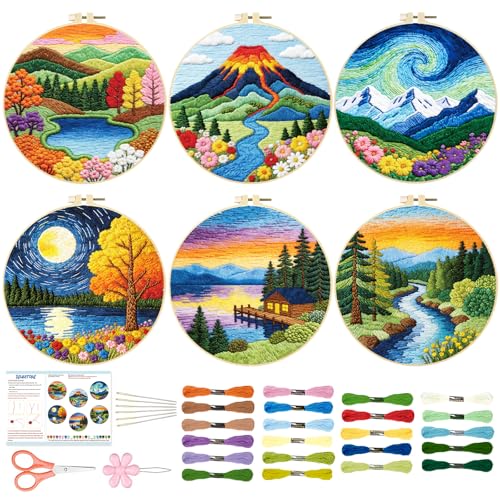 BEUNITONE 6 Pack Hand Embroidery Starter Kit for Adults with Pre-Print Scenery Pattern, Needlepoint Kits with Embroidery Hoop and Instructions, DIY Funny Craft Kits for Gifts and Home Decor - style: Scenery
