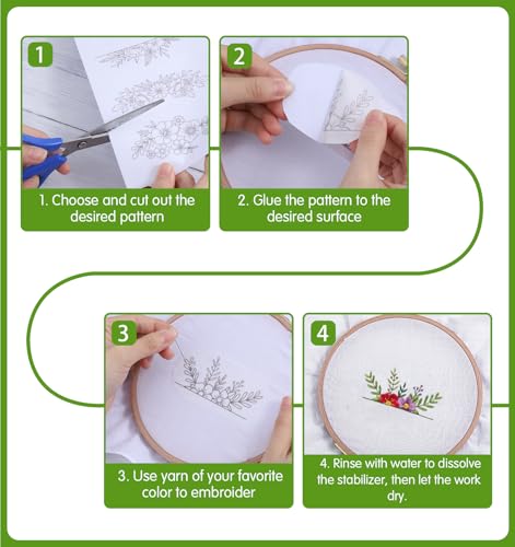 3 Sheets Water Soluble Embroidery Patterns, Stick on Embroidery Patterns with Pre-Printed Flower Leaf Designs, Embroidery Transfer Paper for Hand Sewing