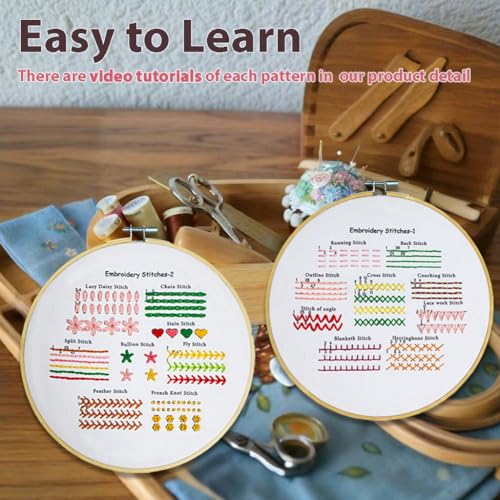 hitwty Embroidery kit for Beginners Adults, Hand Needle Point Practice Kit, Easy 37 Stitches Decorative Patterns with Flowers and Leaves, Weave and Cross Stitch Sampler, Simple DIY Craft for Women