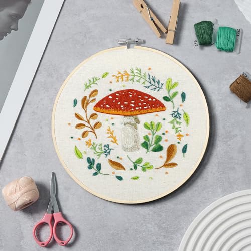 Bonroy 4 Sets Embroidery Kit for Beginners with Instructions,Cross Stitch Kits for Adults with Pattern,Needlepoint Kits for Adult Include Embroidery Cloth Hoops Needles Threads(Mushroom) - color: mushroom4