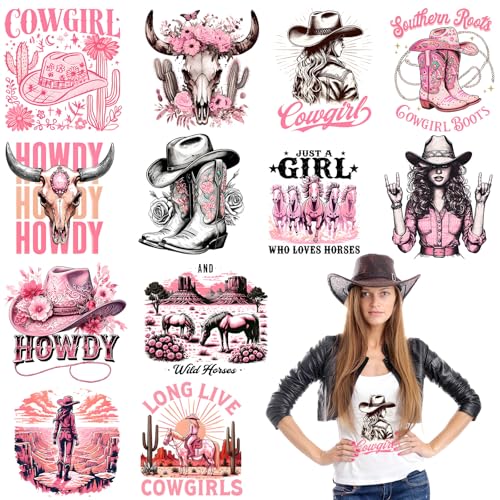 Fainne 12 Sheets Iron on Transfers, Western Pink Cowgirl Flower Decals - style: Pink Cowboy