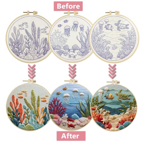 LYMIGER 3 Packs Embroidery Kit for Adults, Embroidery for Beginners (Sea) - color: Sea