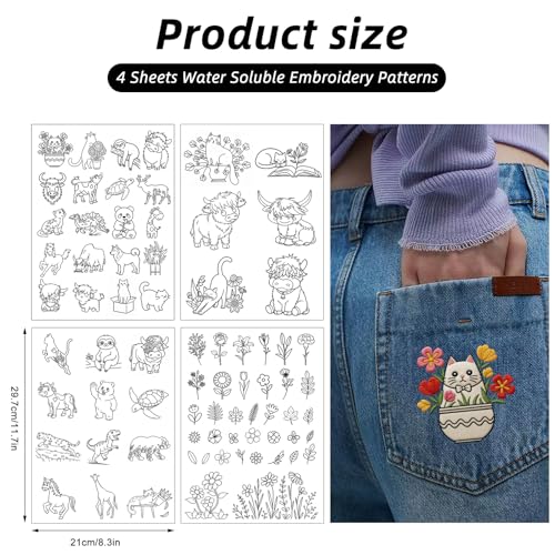 4 Sheets Water Soluble Embroidery Stabilizer, Animal Flower Embroidery Patterns Stick & Stitch Embroidery Paper Self Adhesive Wash Away,Cow Cat Bear Dinosaur Horse Animal Style for Hand Sewing Lovers - size: Pattern: Animal (Style 2)