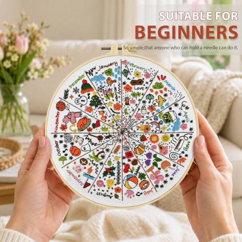 A Year of Doodles Embroidery Kit for Beginners Adults, 12-Month Seasonal Icon Wheel Easy Cross Stitch Kit Easy All-Year Round Embroidery Starter Kits with Wooden Hoop Needles Threads and Instruction - color: 12-Month Seasonal Icon