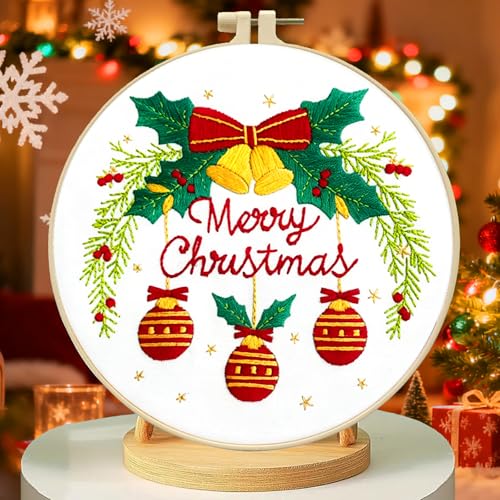 Zhenqing Merry Christmas Embroidery Kit for Beginners, Red Bells and Ornaments Craft Set with 20cm Hoop, Printed Design on 29x29cm Cotton Fabric, DIY Holiday Wall Art (C0036) - style: Christmas Bells