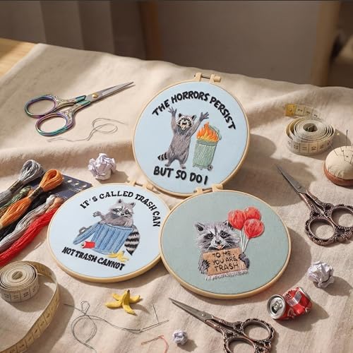 Mindsoft 3 Set Needlepoint Kit for Beginners with Hoop,Raccoon - style: Raccoon