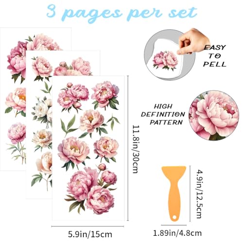 3 Sheets Pink Peony Rub on Transfers for Crafts, 12×6in - style: Peony