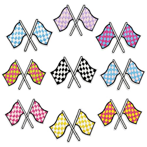 9PCS Checkered Flag Iron On Patches, Racing Embroidered Appliques - color: Checkered Racing Flag