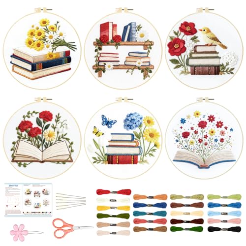 BEUNITONE 6 Set Books Flowers Embroidery Kit for Adult Beginners with Hoops and Instructions Literary Themed Needlepoint Craft Kits Complete DIY Handmade Cross Stitch Set for Book Lovers Home Decor - style: Book Flower