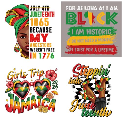 4 Packs Black History Month Iron on Transfer Patches: Juneteenth Heat Transfer Vinyl Decals 1865 Freedom Day Black Women Lettering Waterproof DTF Ready to Press Appliques for T-Shirt Jacket Backpack - style: Juneteenth B