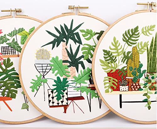 SUQUUB 3 Sets Embroidery Starter Kit with Pattern and Instructions,Cross Stitch Beginner Kits with Frame,3 Plastic Embroidery Hoops,3 Embroidery Clothes and Color Threads (3 X Plant Pattern) - color: 3 X plant pattern