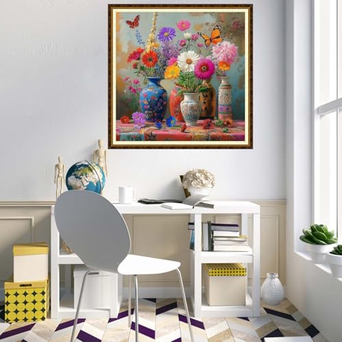 Redxing Counted Cross Stitch Kit for Beginners,Unprinted Needlepoint Kits for Beginners Cross Stitching Embroidery Kit 11CT Stitches kit-Beautiful Flower vase 18x18 inch - color: KitColors40