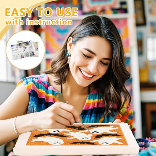 DOODLREAM Halloween Ghosts DIY Punch Needle Embroidery Kit for Adult Beginner, 9.4" Bat Punch Stitching Craft Set for Starter with Frame, Fabric Pattern, Threader, Yarn, Pinch Needle - color: Halloween Ghosts