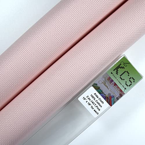 KCS 2 pc of 15" x 18" Counted Cross Stitch Cotton Aida Cloth Needlework Fabric (Pink, 14CT) - color: Pink, size: 14CT