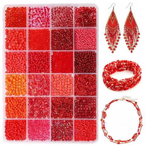 24 Grid Red Glass Seed Bugle Tube Beads Kit for Jewelry Making DIY Craft - color: red, size: 24 Grid