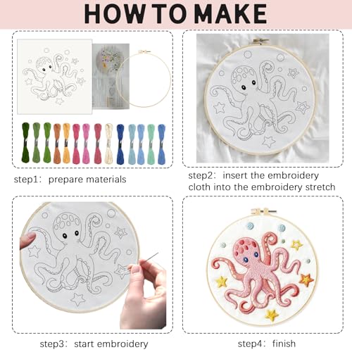 INFUNLY 4 Sets Embroidery Kit for Beginners with Sea Animals Pattern DIY Embroidery Kit for Adults Ocean Embroidery Art Kit Turtles/Seahorses/Octopuses/Whales Cross Stitch Kit with Embroidery Hoops - color: Sea Animal Kits