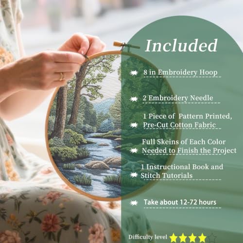 FONNUY Embroidery Kit for Beginners, Boho Nature Landscape Pre-Stamped Pattern Kits for Adults with Hoop, Easy to Follow Color Thread Needlework, 8'' Hoop (Verdant Riverside) - color: Verdant Riverside