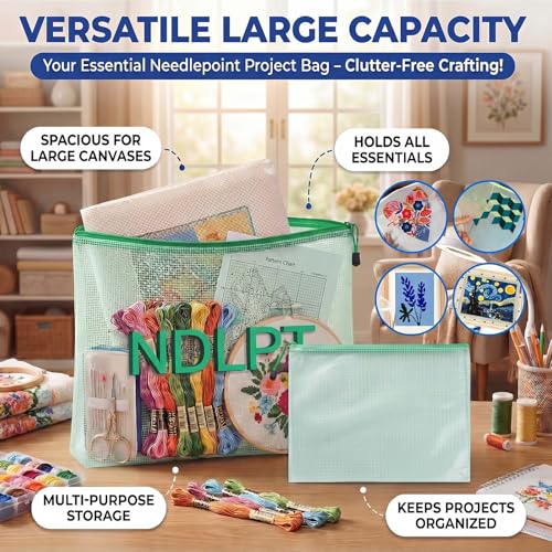 Sabary 2 Pcs Needlepoint Project Bag Clear Mesh Zipper Organizer, Green - color: Green