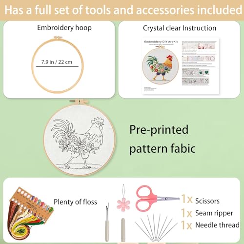 Ohcol Embroidery Kit Cross Stitch Kits Needle Point Kits Beginner Adults Needlepoint Kits with Rooster Pattern & Hoop - color: White - Rooster
