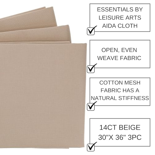 Essentials By Leisure Arts Aida Cloth, 14 Count, Beige, 3pc, Bulk, Cross Stitch Fabric, Embroidery Fabric, Cross Stitch Supplies for Crafting, Stitching, and Sewing Projects 30x36 - color: Beige