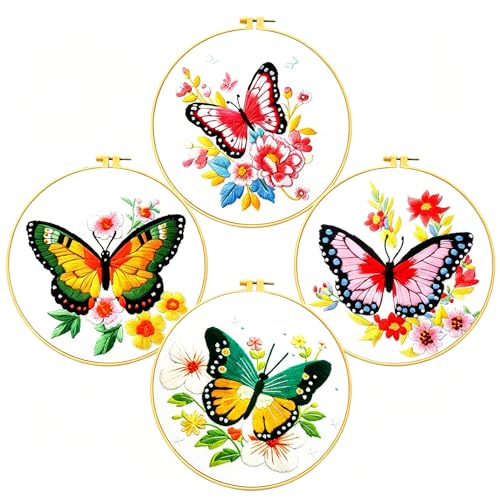 Zhenqing Butterfly Embroidery Kit 11.4x11.4 Inch - Complete Embroidery Set with Fabric, Threads, Needles & Hoop - Beginner-Friendly DIY Craft Kit for Adults (C0040) - color: C0040