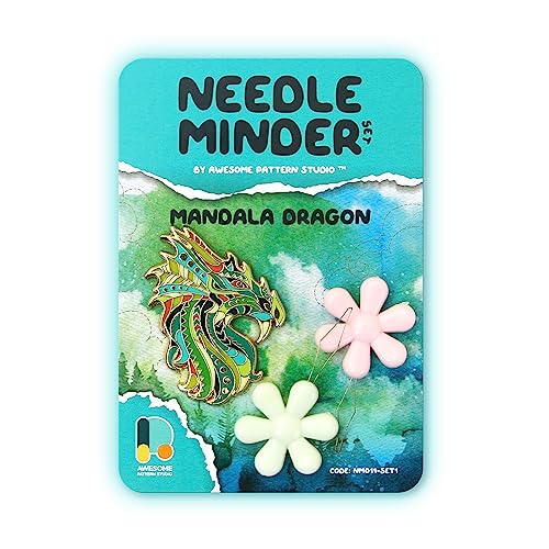 Awesome Pattern Studio Needle Minder Set - Mandala Dragon Magnetic Needle Minder + 2 Needle Threaders. Enamel Pin for Cross Stitch, Embroidery and Craft - size: Dragon Set #1