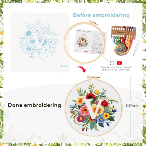Zerzsy 7.87 '' Embroidery Kits Plant Flower Leaf English Letter Patterns for Beginners Adults, Easy to Learn Cross Stitch Kit for Home Office Decor - color: Letter V