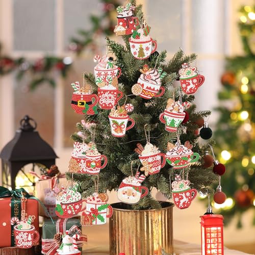 Tondiamo 20 Pcs Christmas Diamond Painting Keychain Kits with Tools Hot Cocoa Themed Art Key Chain Craft Kits Merry Christmas Cute Hanging Handmade 5D Art and Craft Supplies Accessories - style: Hot Cocoa