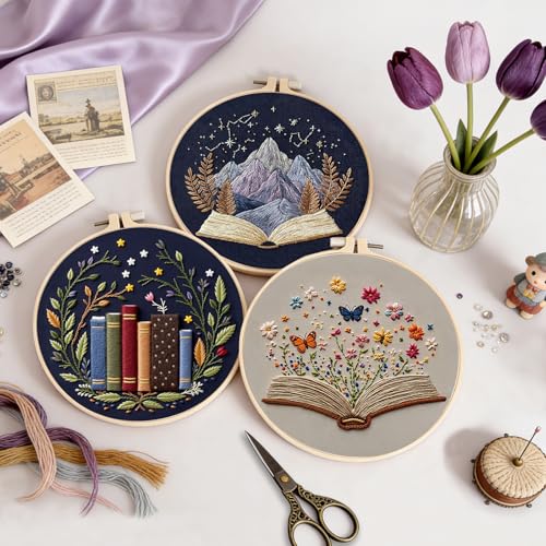 Uniartfy 3 Pack Embroidery Starter Kit, Stamped Book Flower Mountain Butterfly Cross Stitch Kits for Beginners, Needlepoint Kits Adults with Embroidery Hoop and Instructions, Hand Embroidery Kit - color: Embroidery Kit-P