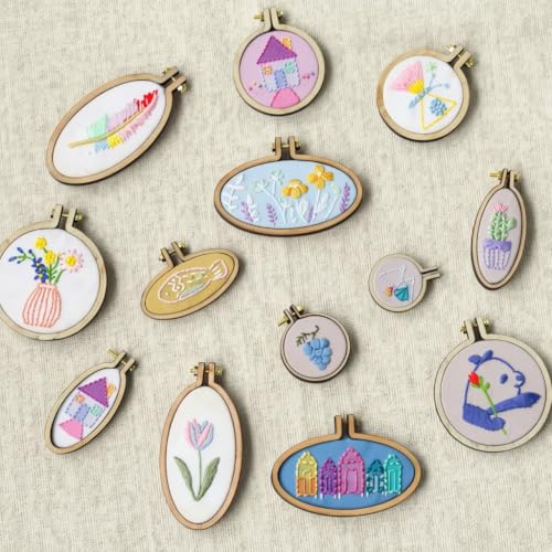 Tiny Round Wooden Embroidery Hoop Frame Kit Miniature Hoops Jewelry DIY Mini Oval Hoop Necklace Brooch Hoop Succulents Pendant Gift (Set of 12)