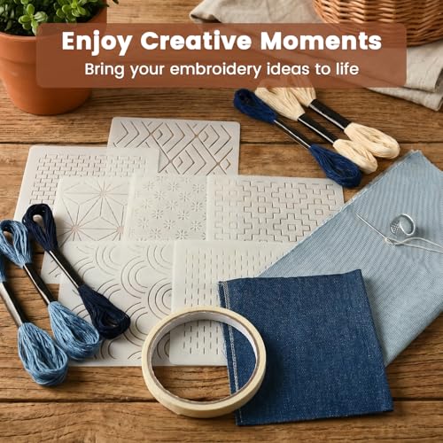 DOQXYAVM 45Pcs Sashiko Embroidery Kit for Beginners, Japanese Sashiko Stencil Kit with Geometric Templates, Fabric, Threads, Needles, Thimble, Complete Hand Quilting Stitching Sewing Supplies