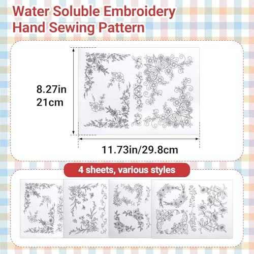 STSTR 4 PCS Flower Water Soluble Embroidery Patterns, Stick and Stitch Embroidery Transfer Patterns, Floral Embroidery Paper for Women Clothes Bags Hats (White, Black)