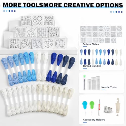 61 Pcs Sashiko Thread Kit with Plastic Sashiko Stencil, Embroidery Kit Fits for Sashiko Stitching, Hand Quilting Mending Supplies, Japanese Sewing Patterns for Beginners Visible Mending Kit Set