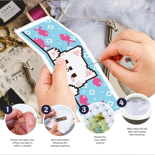 INFUNLY 6pcs Cartoon Cat DIY Cross Stitch Bookmark Kits for Beginner 8.66"×3.15" Cute Kitten Stamped Embroidery Kit with Instruction Pussycat Printed Bookmark Kits for Cat Lovers Book Readers Writers - style: 6pcs Cartoon Cat