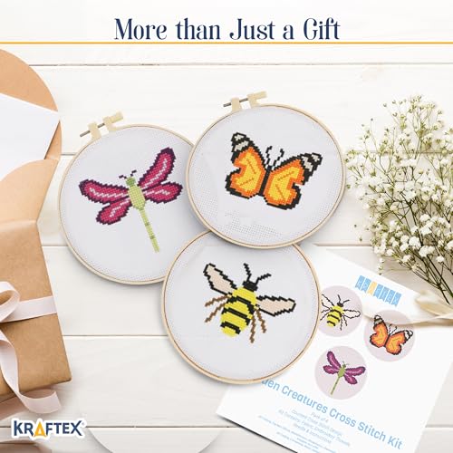 Kraftex Floral Stamped Cross Stitch Kits for Beginners - 3 Pack. DIY Embroidery Needlepoint Patterns for Adults. Easy Cross Stitch Kits for Beginners (Garden Creatures) - style: Garden Creatures