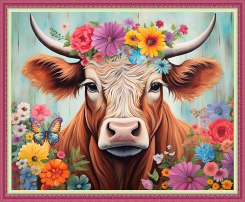 Disnesart Cross Stitch Stamped Full Embroidery Kits DIY 11CT Cotton Thread Printed DIY Needlepoint Kits Craft Needlework Set Cross-Stitch Stamped Sets-Colorful Flowers, Colorful Cows 16x20 inch - color: Stylepattern08