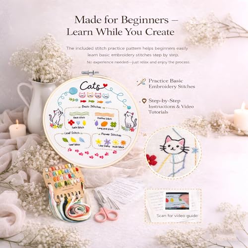 Peonfly Cat Embroidery Kit for Beginners, 4 Pack Stamped Embroidery Starter Kit with 4 Hoops, 9 Stitch Types Practice Sampler, Animal Floral Wall Hanging Décor (Value Pack) - style: packaged (Value Pack)