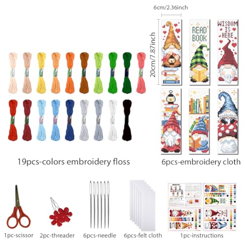 FREEBLOSS 6 Set Cross Stitch Bookmark Kit 11 CT Stamped Cross Stitch Kit DIY Embroidery Bookmark Kits for Adult Beginners with Instructions, Gnome Pattern, 6 x 20 cm/8" x 2.4" - style: Books and Dwarfs