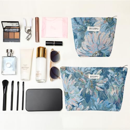 2 Pcs Aesthetic Oil Painting Blue Floral Cosmetic Bag Travel Makeup Pouch - color: Flower Blue