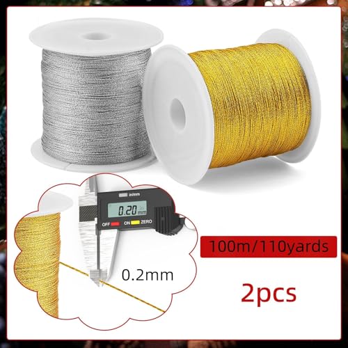 110 Yards Gold Ornaments String, 2 Spool 0.2mm Sliver & Gold Strings for Ornament String for Craft Jewelry Making, Jewelry Thread Metallic Cold for Ornament Hanging Decoration