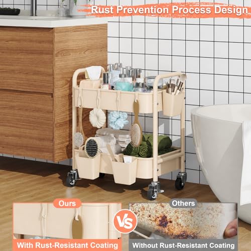 2 Tier Small Rolling Cart Metal with Wheels, 22 Inch Beige Under Desk Carts - color: Gentle‌ Beige, size: 2 Tier + Cups + Hooks