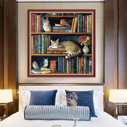 Funchey Counted Cross Stitch Kits for Adults Needlepoint Kits Unprinted Cross Stitching Embroidery Kit 11CT Cross Stitch Supplies& Bookshelf Cat 18x18 inch - color: DIYCrafts20
