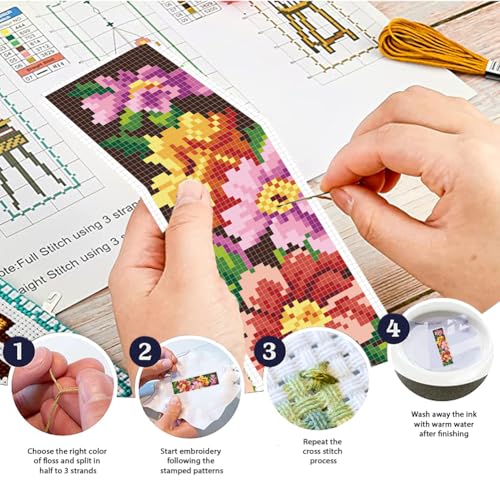 FREEBLOSS 6 Set Stamped Cross Stitch Bookmark Kit Flowers Pattern Cross Stitch Bookmarks DIY Bookmarks Cross Stitch Kits for Beginners Embroidery Bookmarks DIY Kits for Adults - style: Light Flowers