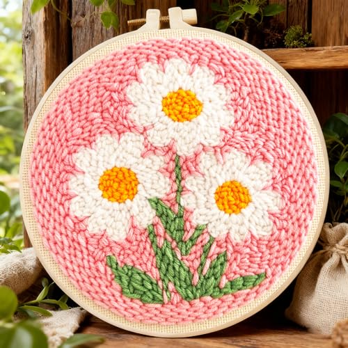 Punch Needle Kit for Beginners Adults-Flower Daisy,with Video Tutorial - color: Punch Needle kit with-1105-2