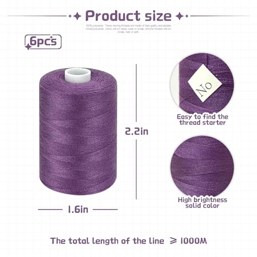 Purple Thread for Sewing, 6 Spools of 1000 Yards Polyester Quilting Thread - color: Purple+DarkPurple