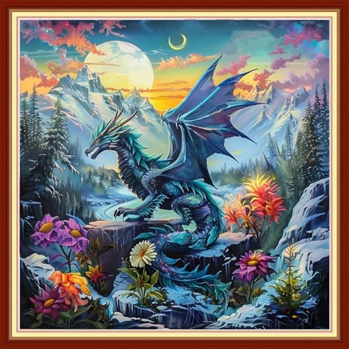 Funchey Stamped Cross Stitch Kits, DIY Cross Stitch Pattern for Adults Beginners Needlepoint Kits Embroidery Kit Arts and Crafts 11CT&Dragon Moon 18x18 inchs - color: HandicraftColor12
